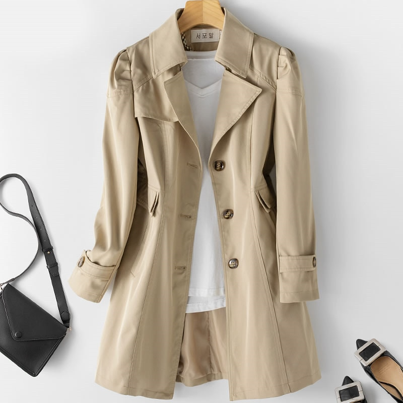 Women's Padded Shoulder One-Button Trench Coat