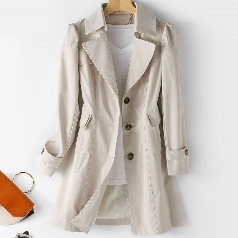 Women's Padded Shoulder One-Button Trench Coat
