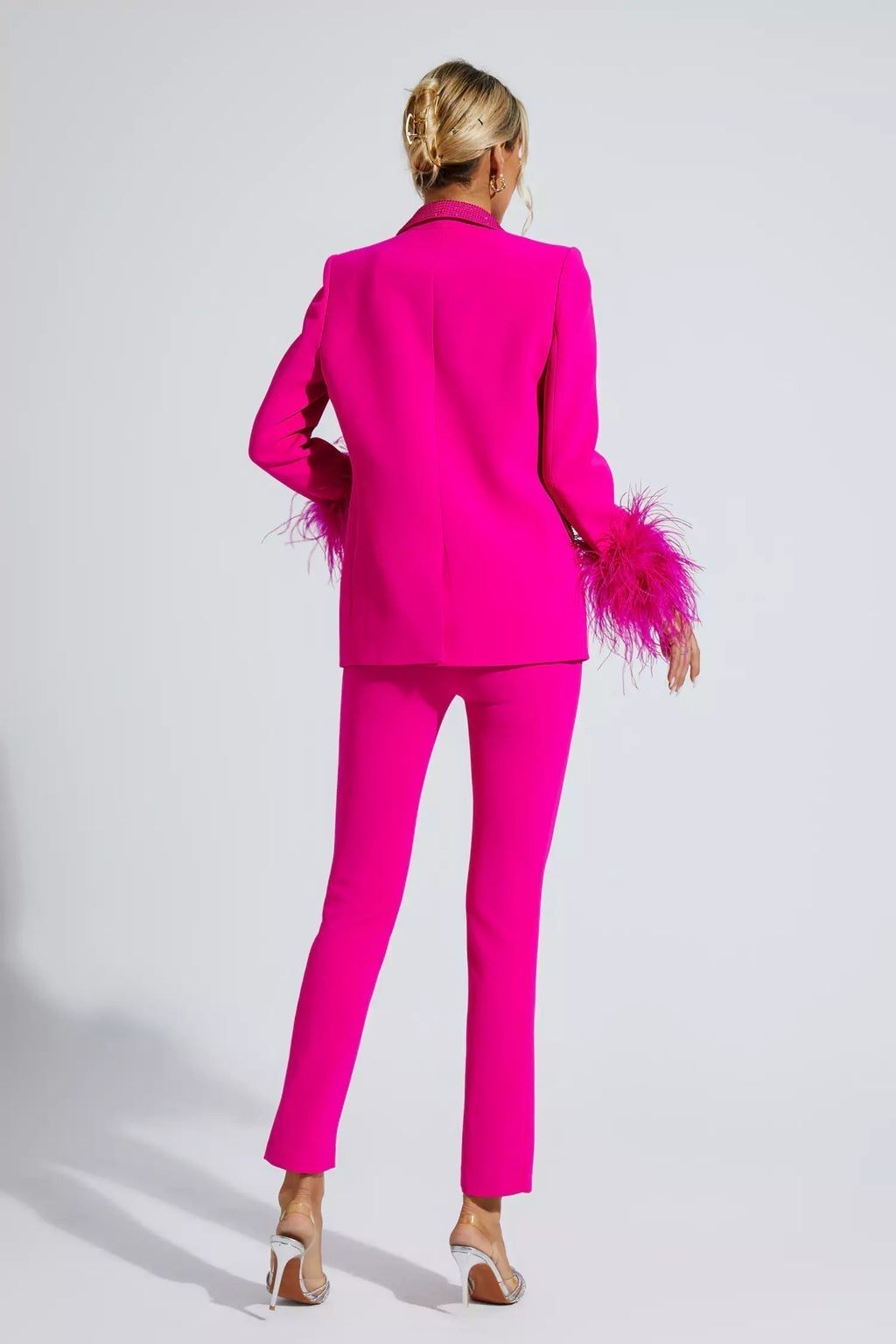 Feather-Accent Blazer Set Adorned with Diamonds