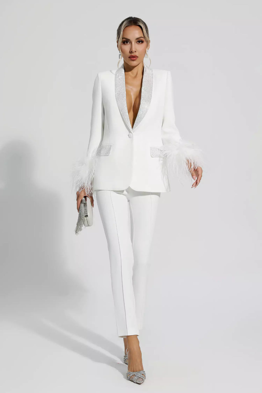 Feather-Accent Blazer Set Adorned with Diamonds