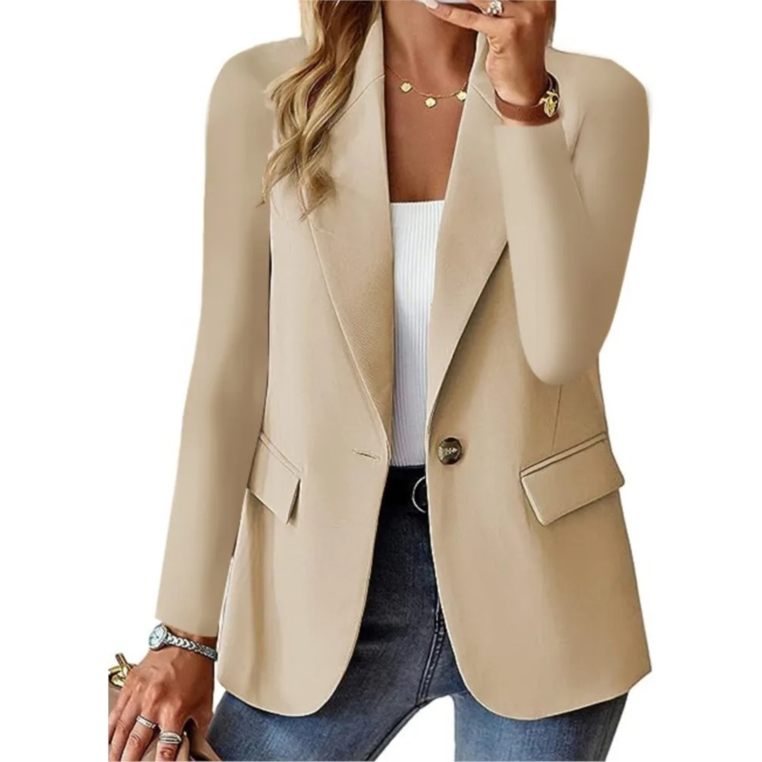 Women's Blazer with Button Closure and Functional Pockets