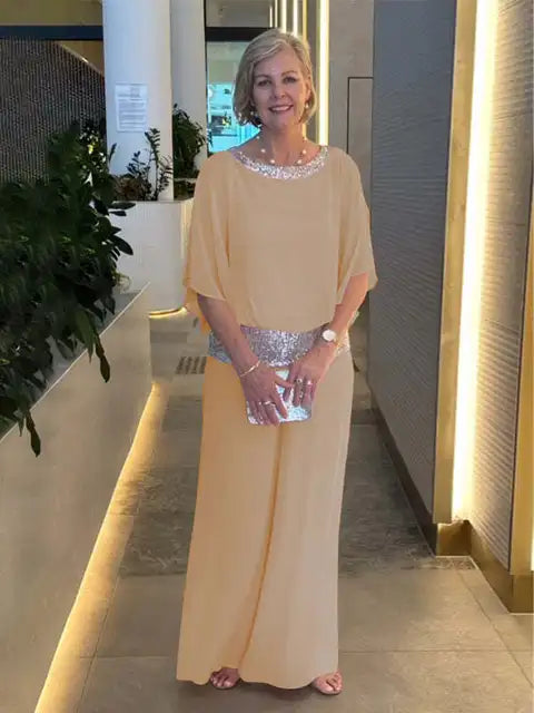 Elegant Evening Set: Glittering Top Paired with Palazzo Pants