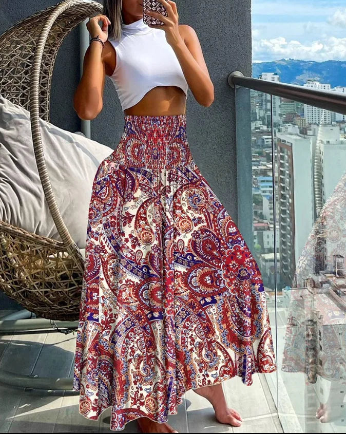 Elegant High-Waisted A-Line Skirt with Elastic Waist for a Chic Flow